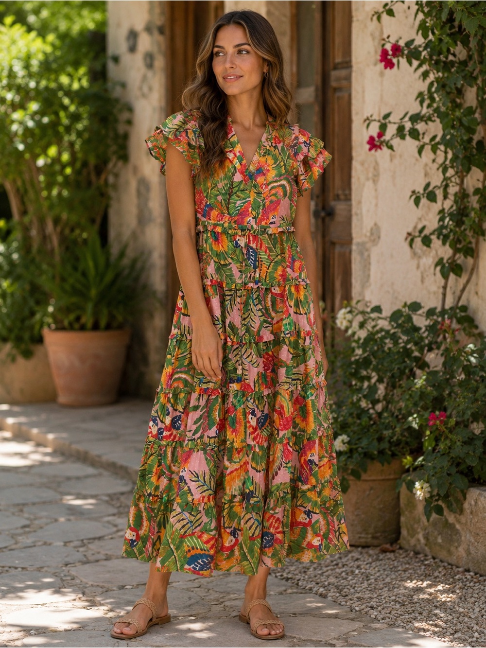 Farm Rio Maxi Dress Boho Floral Botanical Parrots ruffle sleeve oversized small